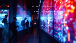 A photograph of a vibrant led display in a dynamic setting