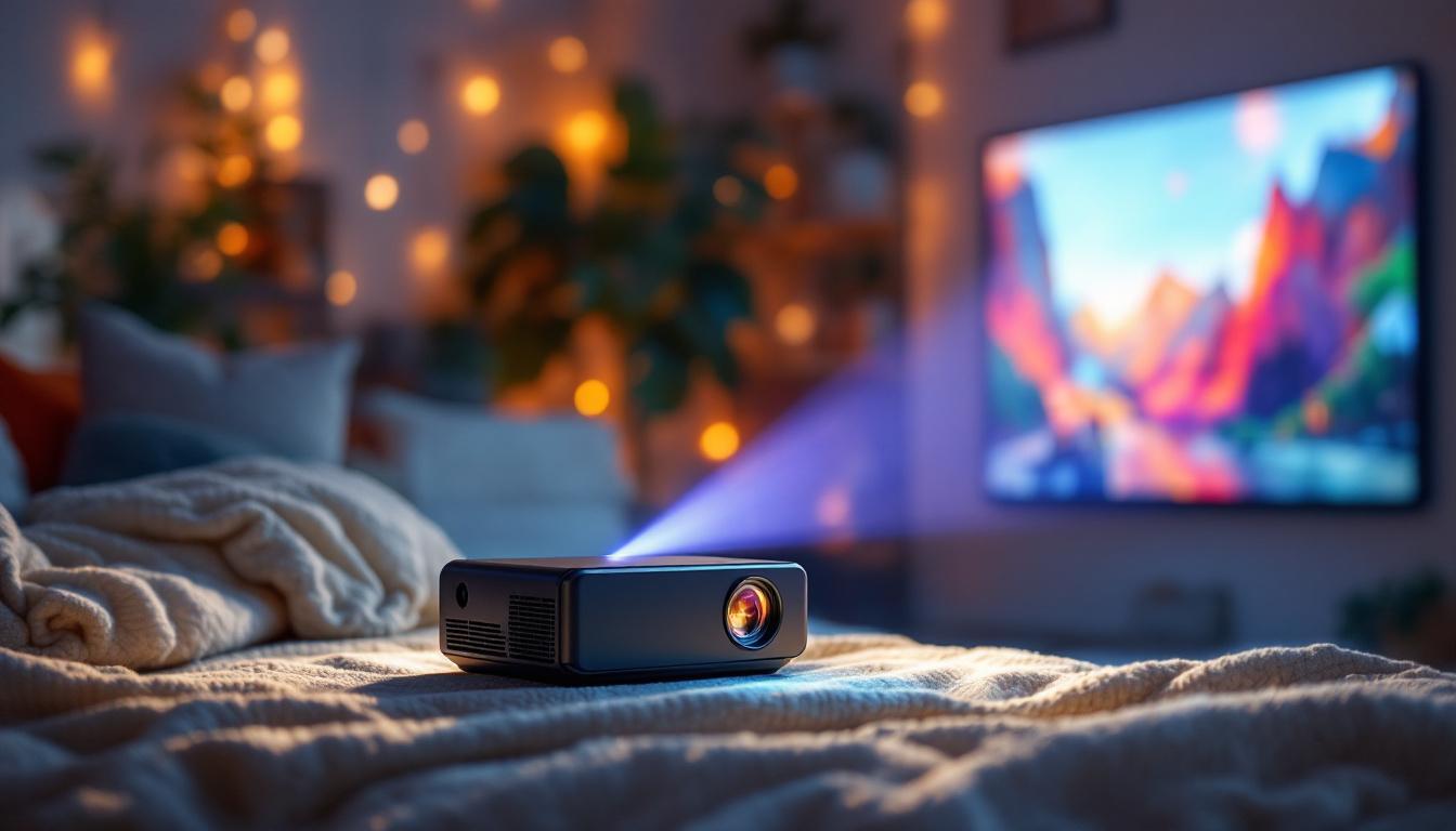 A photograph of a portable led projector in action