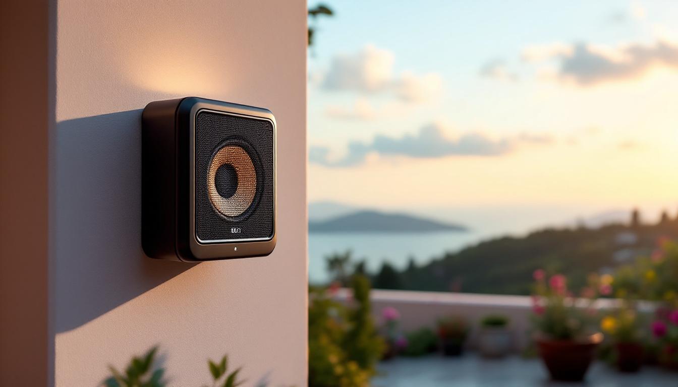 A photograph of a stylish wall-mounted outdoor speaker with an integrated led display