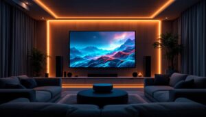 A photograph of a stylish home theater setup featuring a large led display