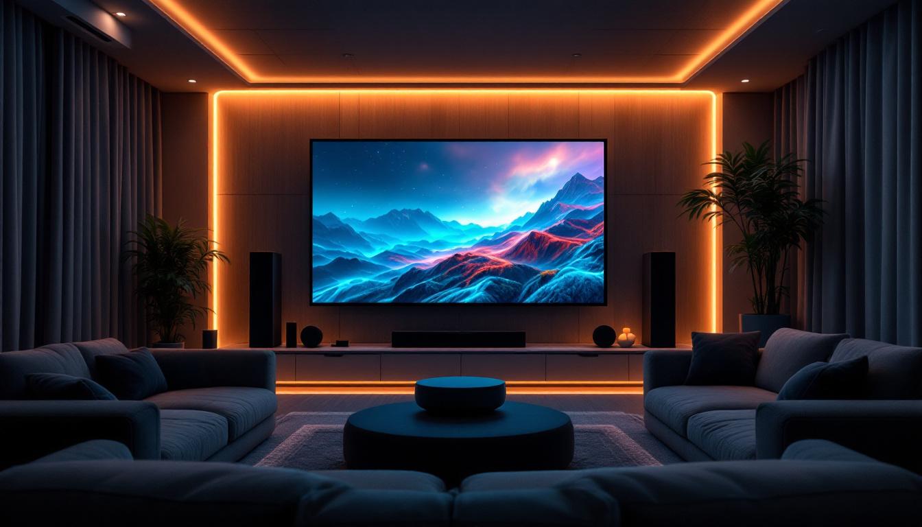 A photograph of a stylish home theater setup featuring a large led display