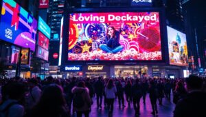 A photograph of capture a photograph of a vibrant led display in a bustling urban environment