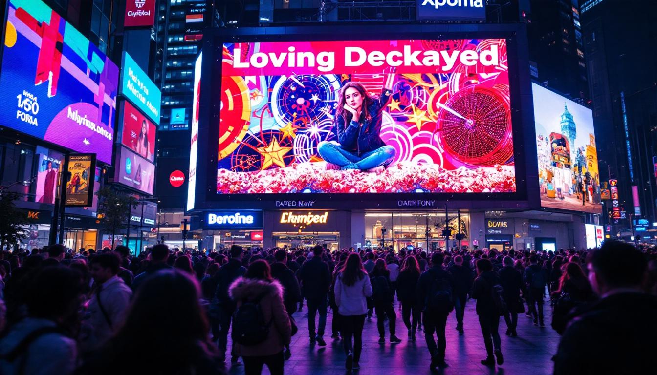 A photograph of capture a photograph of a vibrant led display in a bustling urban environment