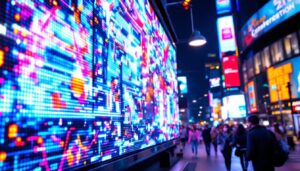 A photograph of a vibrant led display in a bustling urban environment