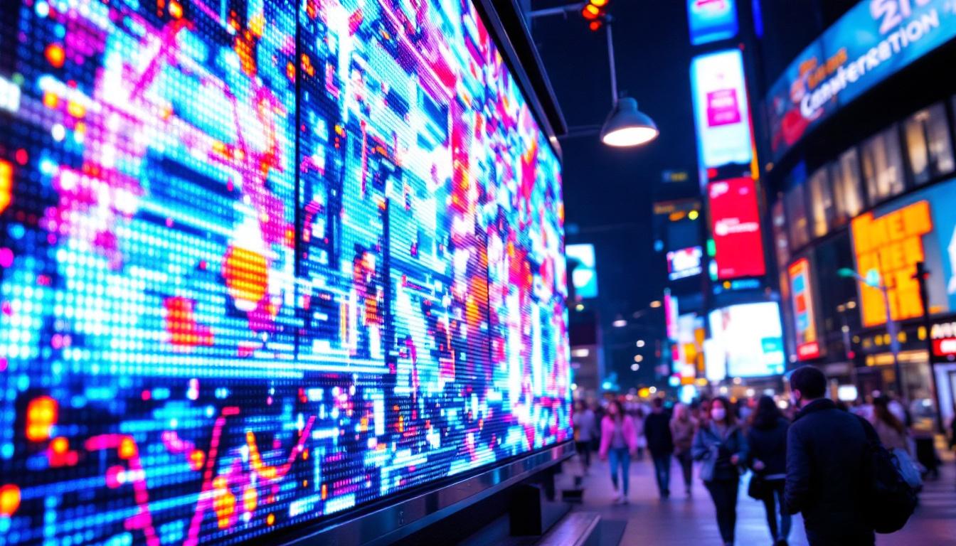A photograph of a vibrant led display in a bustling urban environment