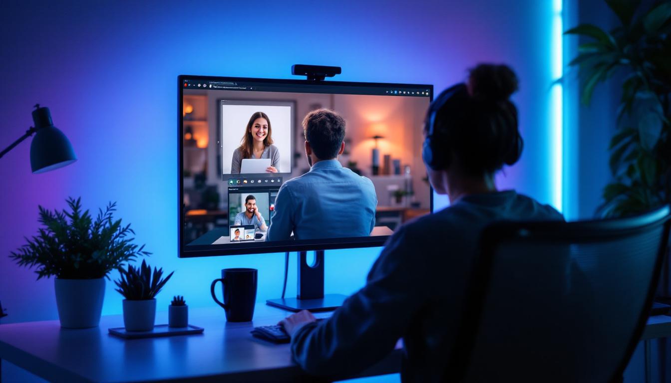 A photograph of a well-lit home office setup featuring an led display