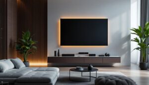 A photograph of a modern living room featuring a sleek