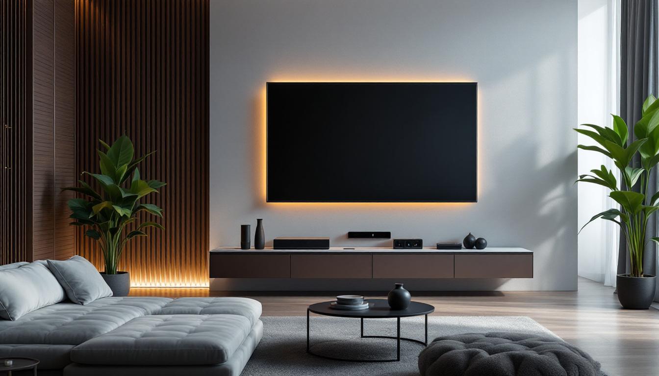 A photograph of a modern living room featuring a sleek