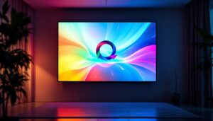 A photograph of a vibrant led display showcasing a dynamic logo on a wall