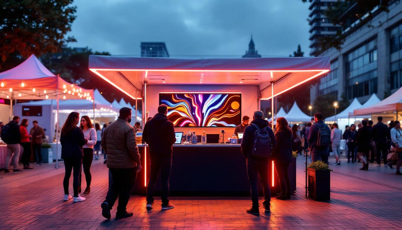 A photograph of a vibrant portable vendor booth featuring an eye-catching led display in action