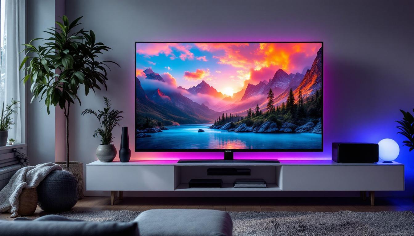 A photograph of capture a photograph of a stylish 32-inch smart tv with a pedestal base