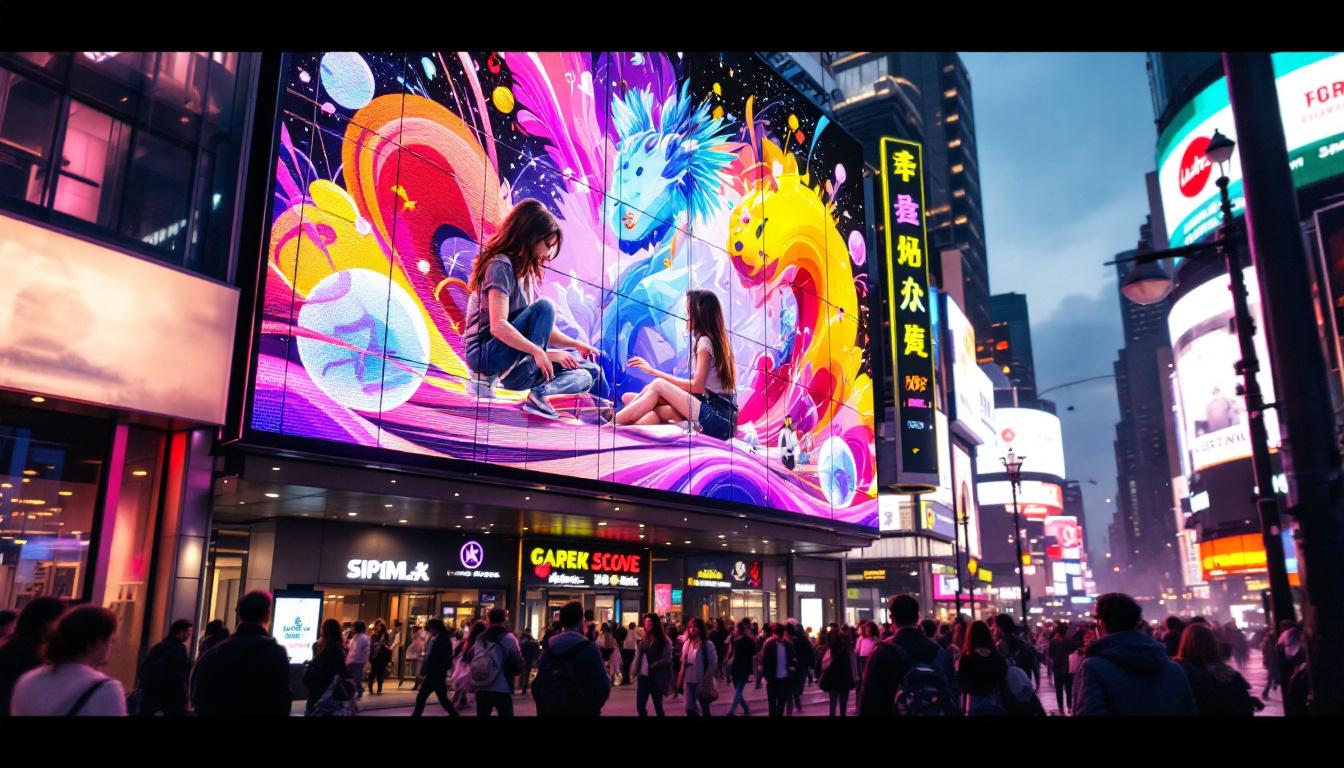 A photograph of a vibrant led display in a bustling urban environment