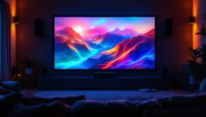 A photograph of a modern led projector set up in a cozy home theater environment