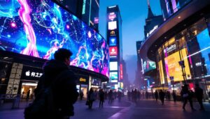 A photograph of a vibrant led display in a dynamic urban setting