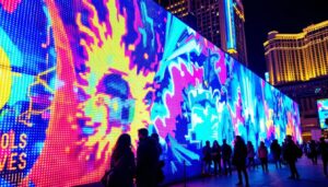 A photograph of a vibrant led display in an urban setting
