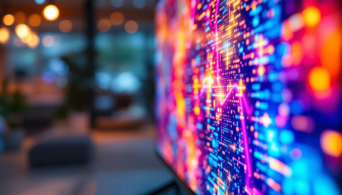 A photograph of a close-up shot of a vibrant led display showcasing vivid colors and dynamic visuals