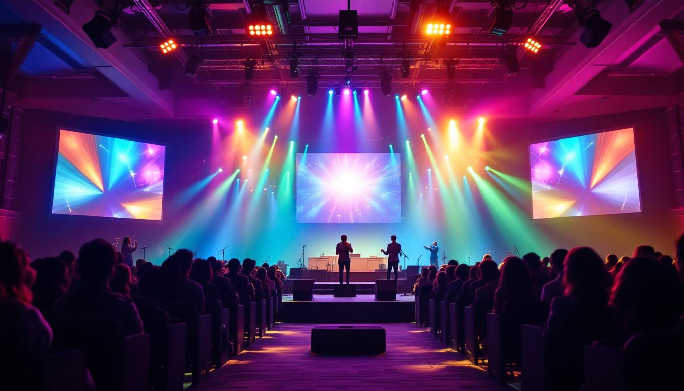 A photograph of a vibrant led display in a church setting