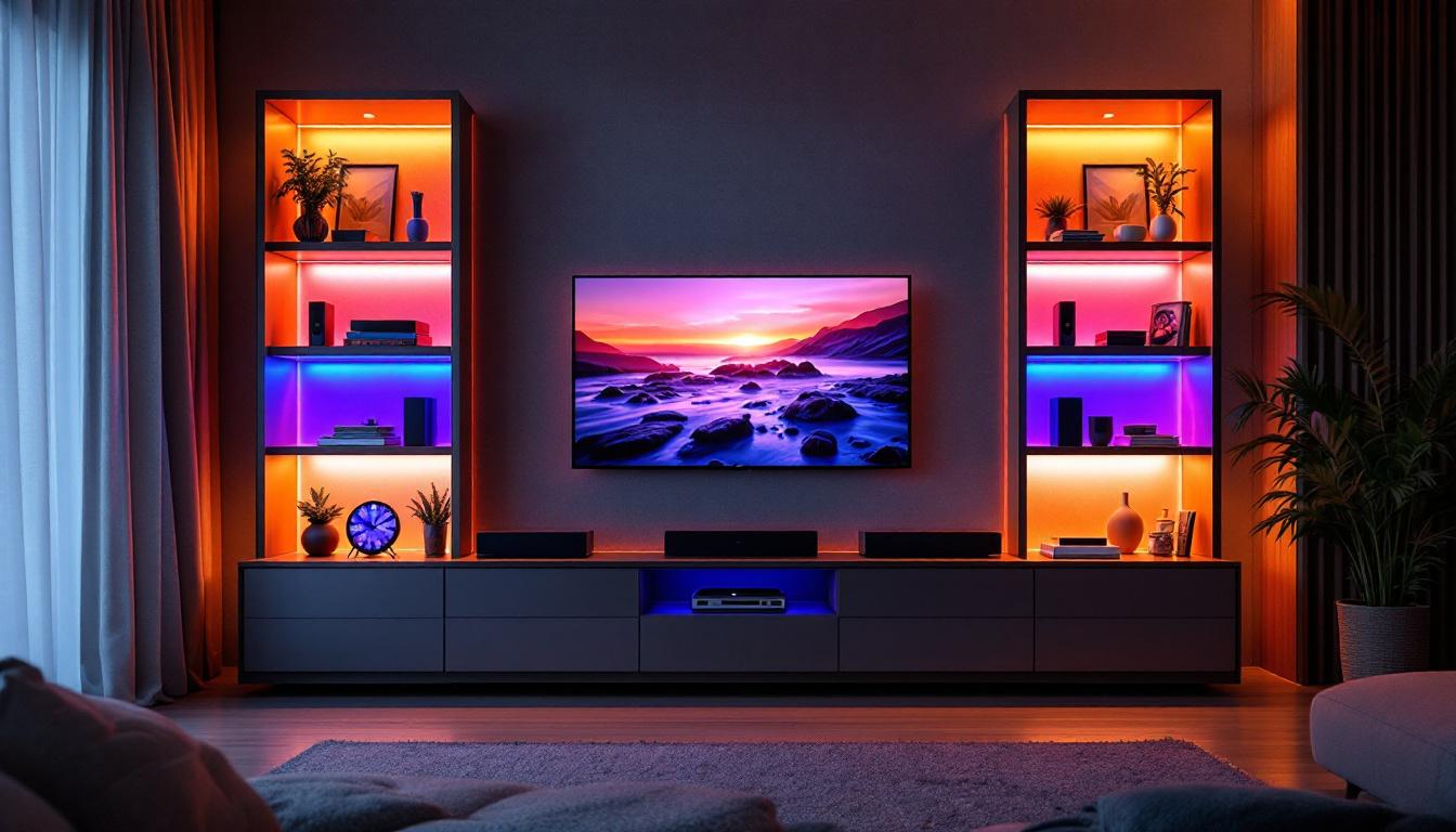 A photograph of capture a photograph of a modern entertainment center featuring vibrant led lights that illuminate the shelves and display items