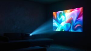 A photograph of a projector casting a vibrant image onto a textured black wall