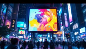 A photograph of a vibrant led display in a bustling urban environment