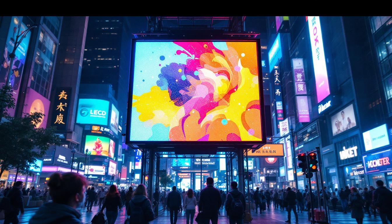 A photograph of a vibrant led display in a bustling urban environment