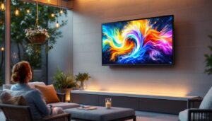 A photograph of a 42-inch outdoor tv mounted on a stylish patio wall