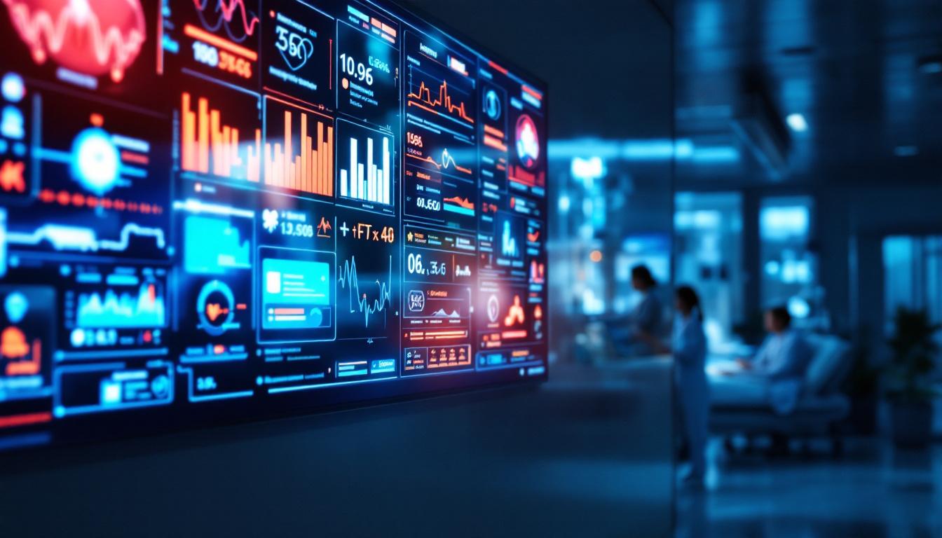 A photograph of a modern hospital environment featuring a vibrant led display screen showcasing health information or patient updates