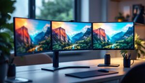 A photograph of a sleek triple monitor stand mount showcasing three led displays in an ergonomic workspace