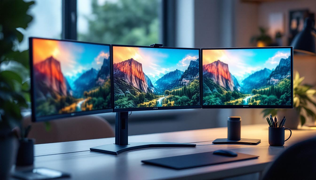 A photograph of a sleek triple monitor stand mount showcasing three led displays in an ergonomic workspace