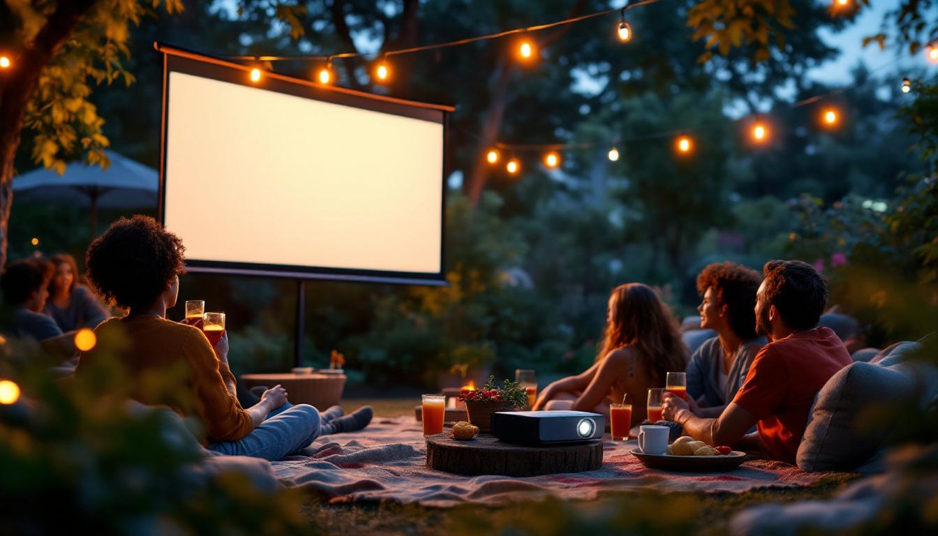 A photograph of a vibrant outdoor movie night scene featuring a high-quality led projector displaying a film on a large screen