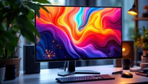 A photograph of a sleek led monitor displaying vibrant