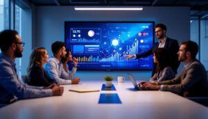 A photograph of a modern conference room featuring a sleek touch screen led display in use
