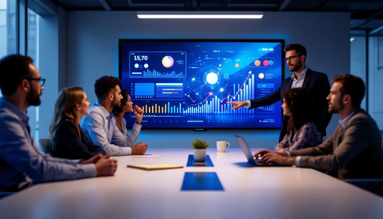 A photograph of a modern conference room featuring a sleek touch screen led display in use