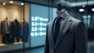 A photograph of a stylish suit displayed on a mannequin