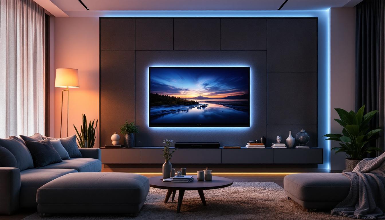 A photograph of a stylish living room featuring a modern tv wall panel design with an integrated led display