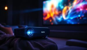 A photograph of a sleek runco projector in a dimly lit home theater setting