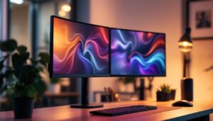 A photograph of capture a photograph of a sleek three-arm monitor stand showcasing multiple led displays