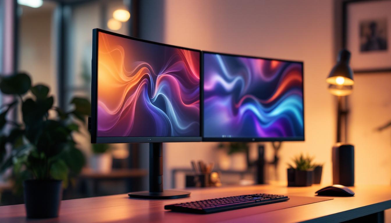 A photograph of capture a photograph of a sleek three-arm monitor stand showcasing multiple led displays