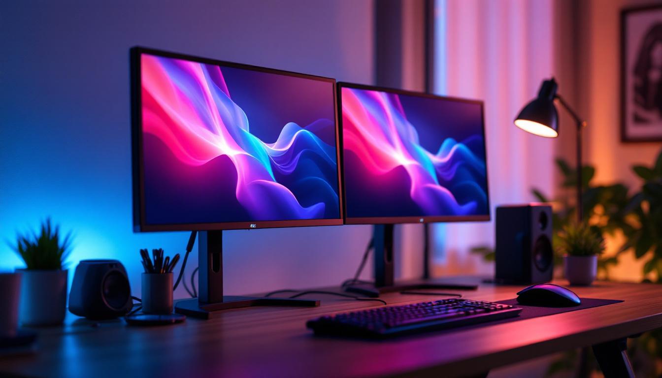 A photograph of capture a photograph of a sleek dual monitor table mount setup in a modern workspace