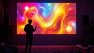 A photograph of a vibrant led projector display illuminating a wall in a dimly lit room