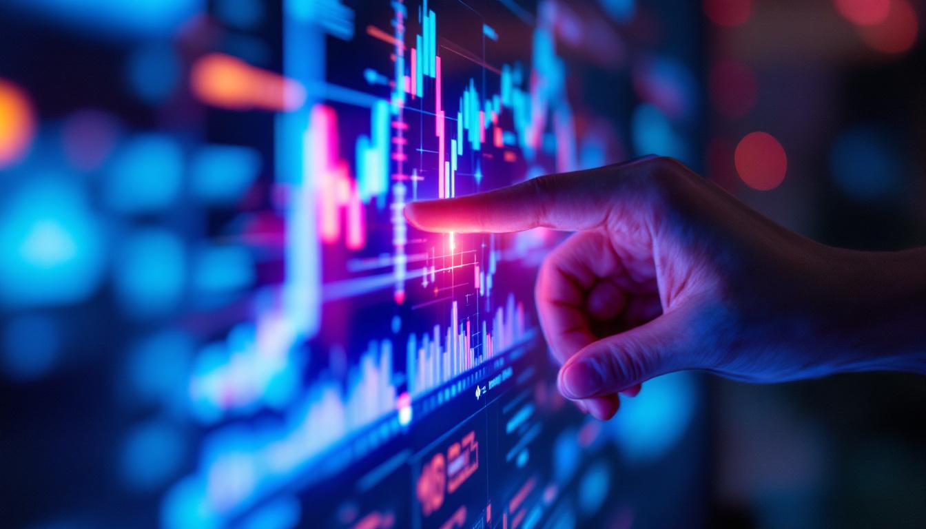 A photograph of a close-up shot of a vibrant led touch screen monitor displaying dynamic graphics or user interaction