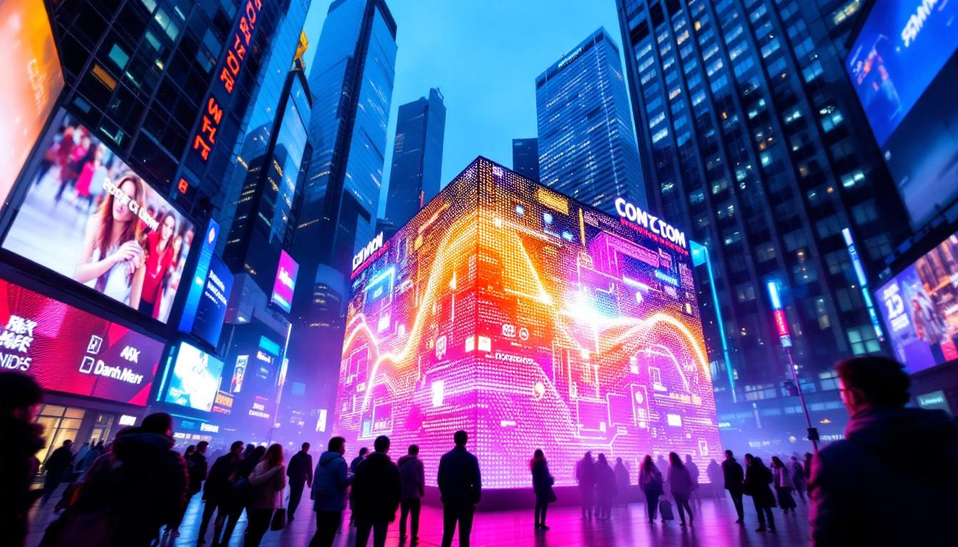 A photograph of a vibrant led display in a dynamic urban setting