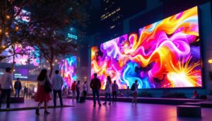 A photograph of a vibrant outdoor scene featuring a large led display showcasing dynamic visuals