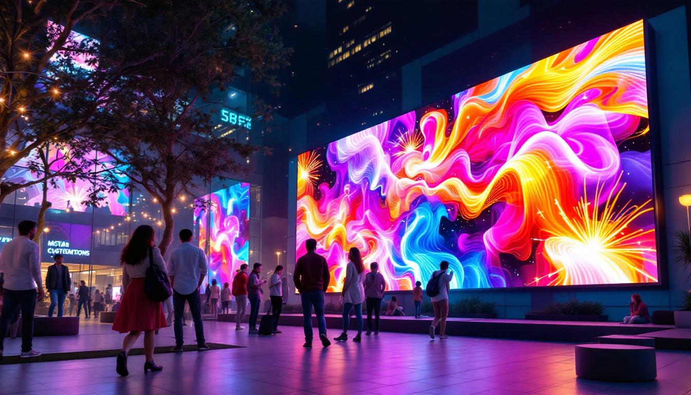 A photograph of a vibrant outdoor scene featuring a large led display showcasing dynamic visuals
