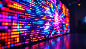 A photograph of a vibrant led display showcasing dynamic colors and patterns