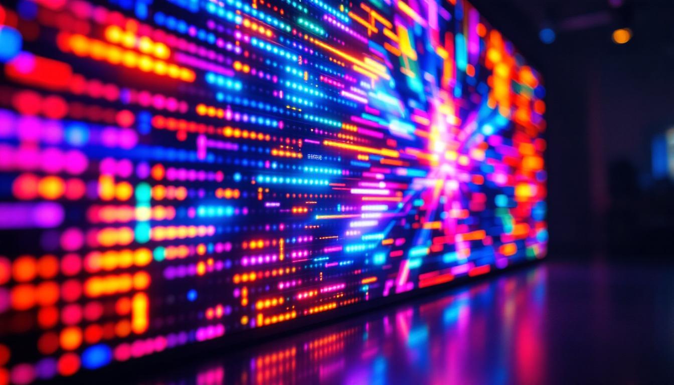 A photograph of a vibrant led display showcasing dynamic colors and patterns