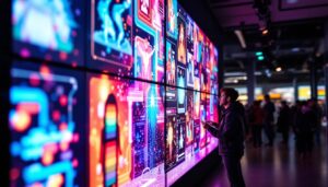 A photograph of a vibrant led display showcasing dynamic visuals or animations