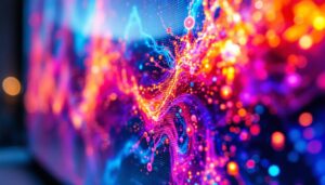 A photograph of a close-up shot of a high-definition led tv screen displaying vibrant colors and intricate details