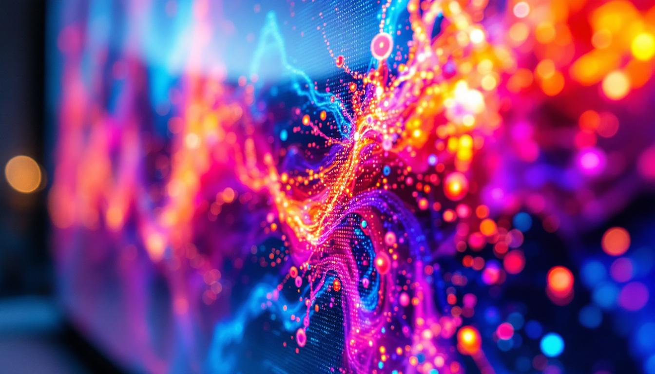 A photograph of a close-up shot of a high-definition led tv screen displaying vibrant colors and intricate details