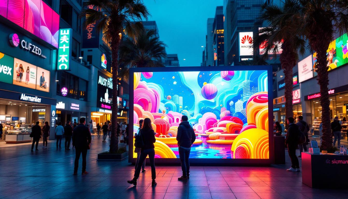 A photograph of a vibrant led display in a bustling california urban setting